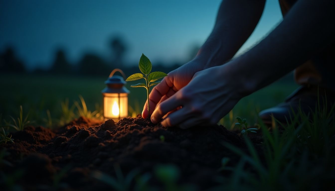 An elderly hand planting a seedling at dusk under the first stars — legacy and everyday meaning guide