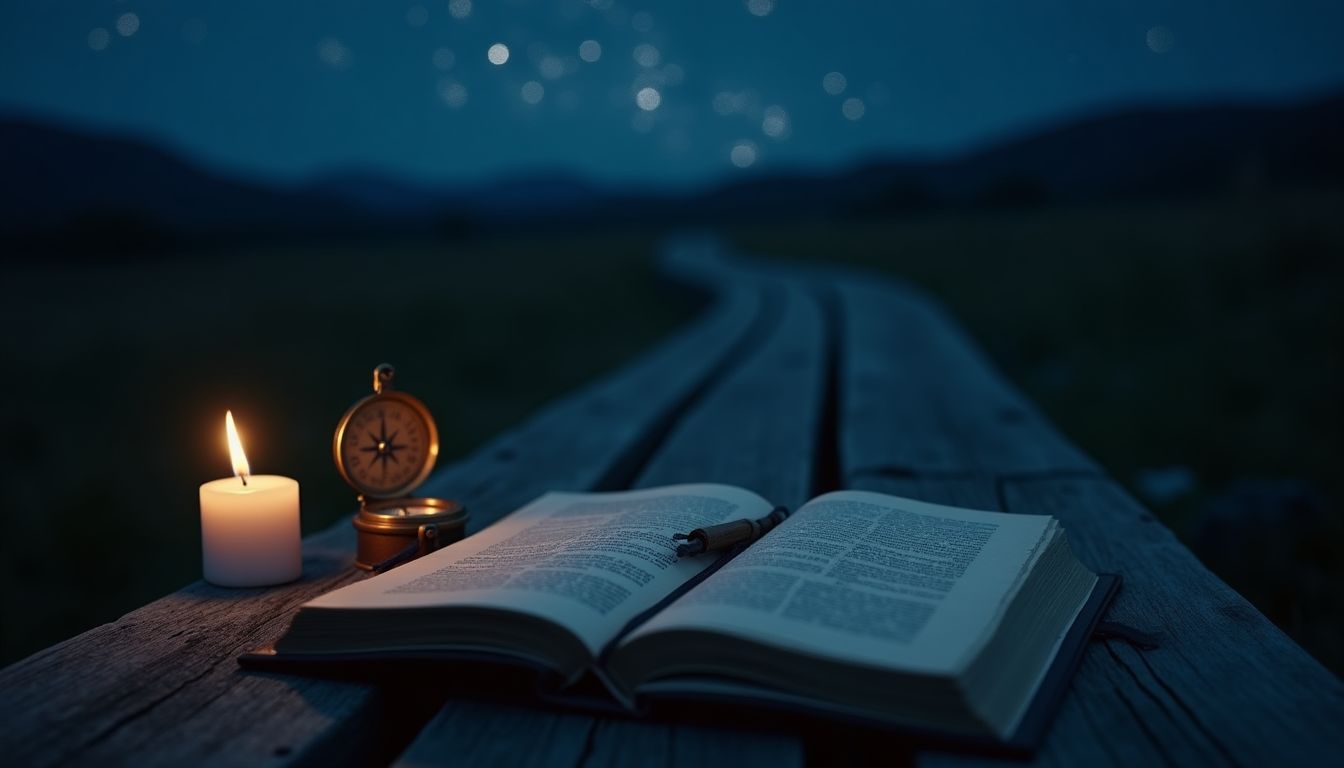 A lone figure on a night path under a vast star-filled sky with a warm ivory glow ahead — purpose and direction guide