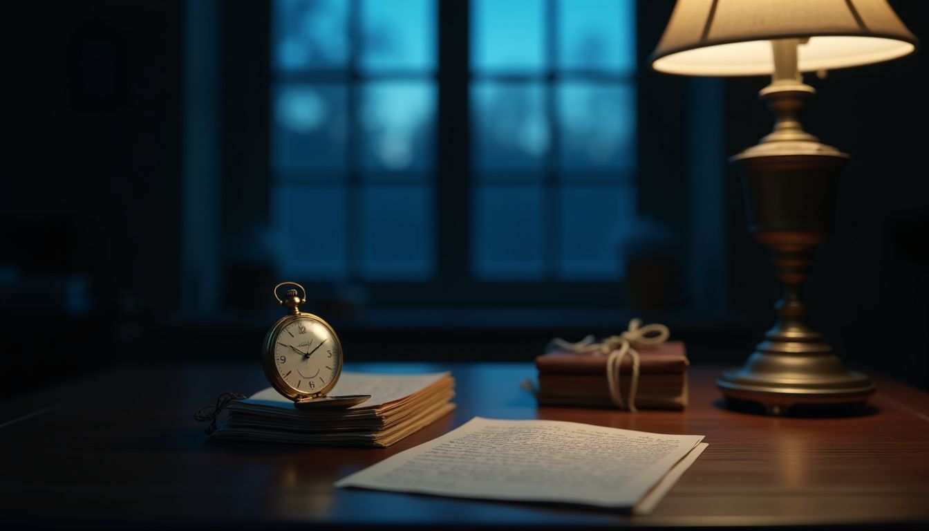 A pocket watch and handwritten letters on dark wood beside a window at blue hour — values, time and work guide